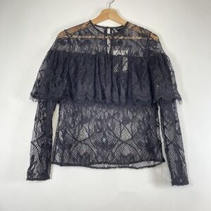 Who What Wear Womens Black Sheer Lace Whimsigoth Long Sleeve Blouse Grunge Small